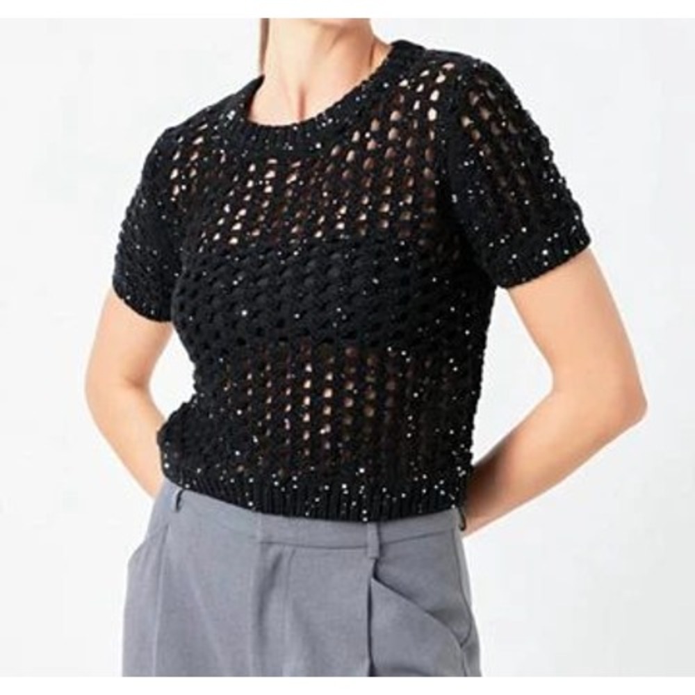 Endless Rose Black Sequin Crochet Knit Short Sleeve Top Crew Neck Size M NEW